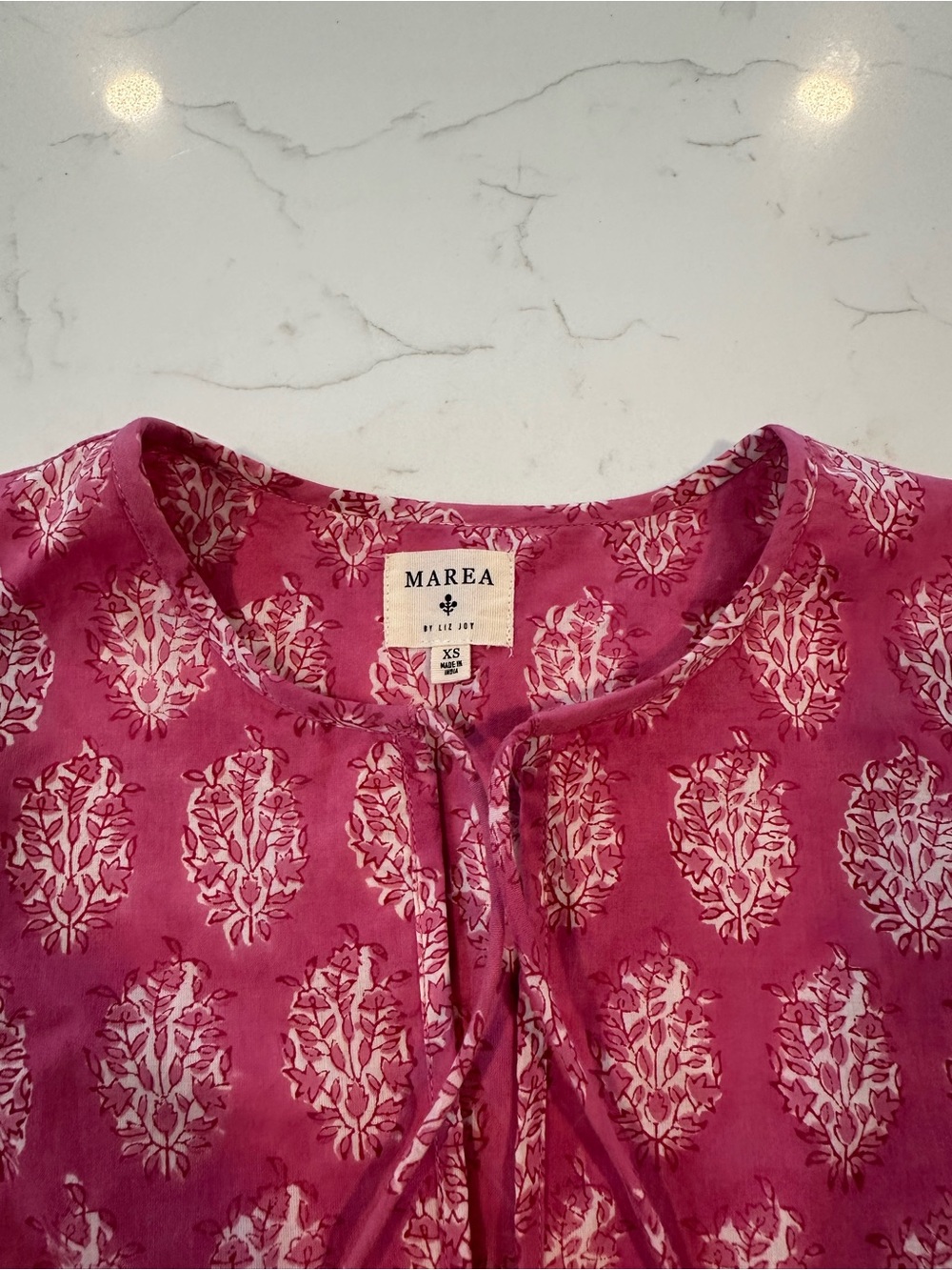 MAREA - Pink Block Print Puff Sleeve Peasant Blouse - Picture 4 of 7